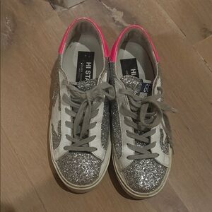 Golden Goose Silver Glitter Sneakers with Pink Accents